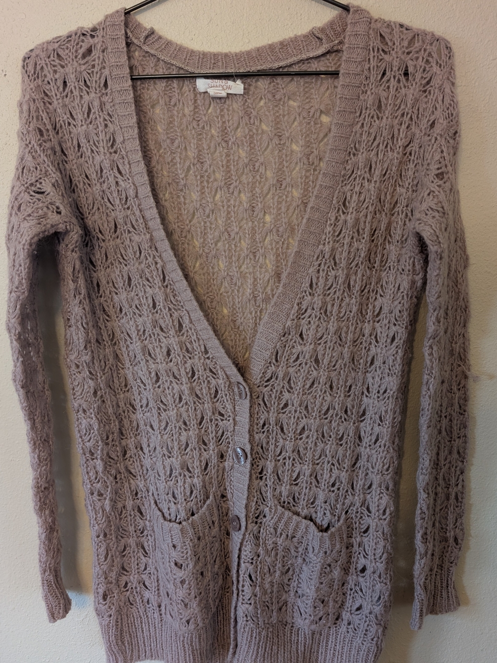 Sun & Shadow Open-Knit V-Neck Cardigan in Mauve